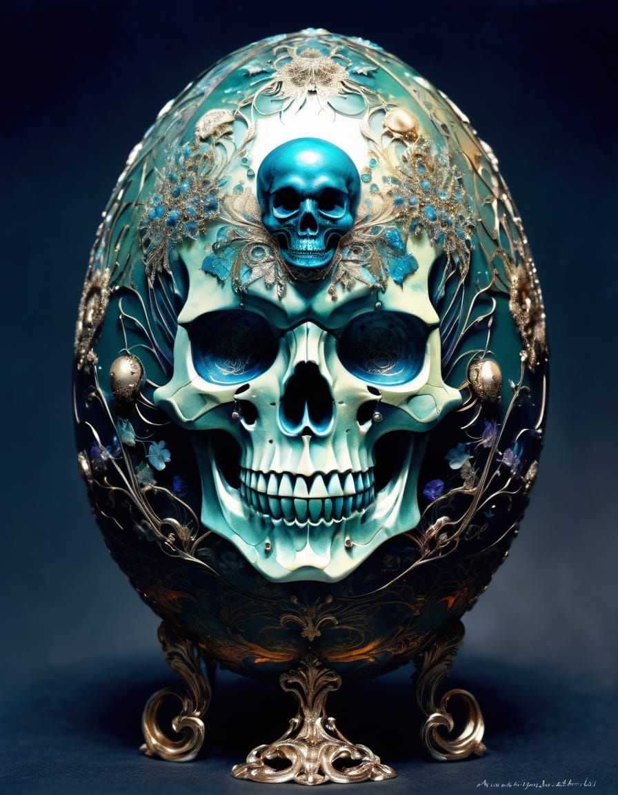 Intricate Skull Fabergé Egg in Alcohol Ink and Watercolour