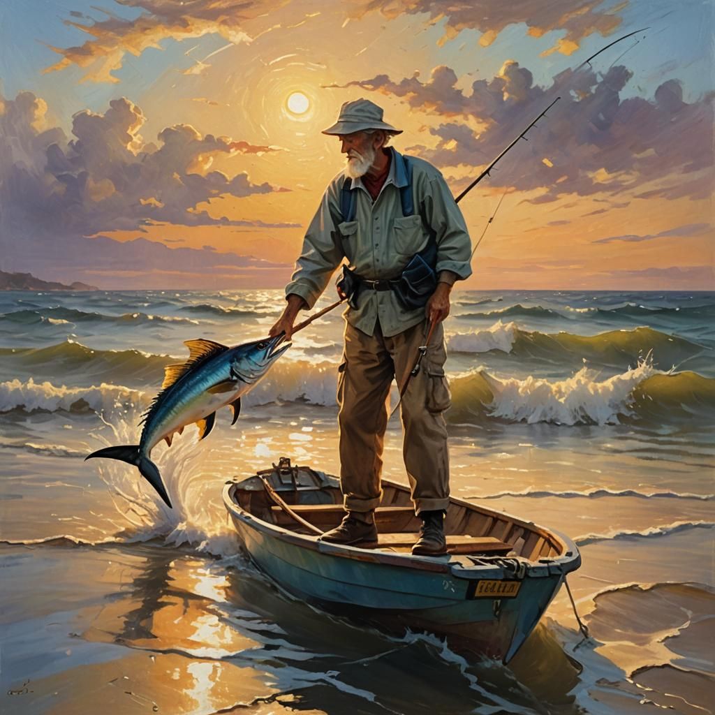 Fisherman and Marlin at Sunset: Impressionist Oil Painting