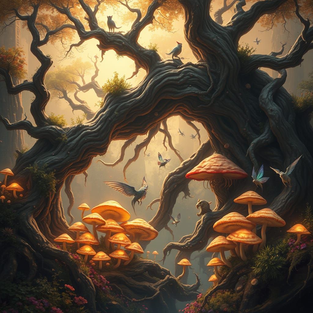 Mystical Realm in Ancient Forest with Fantastical Life