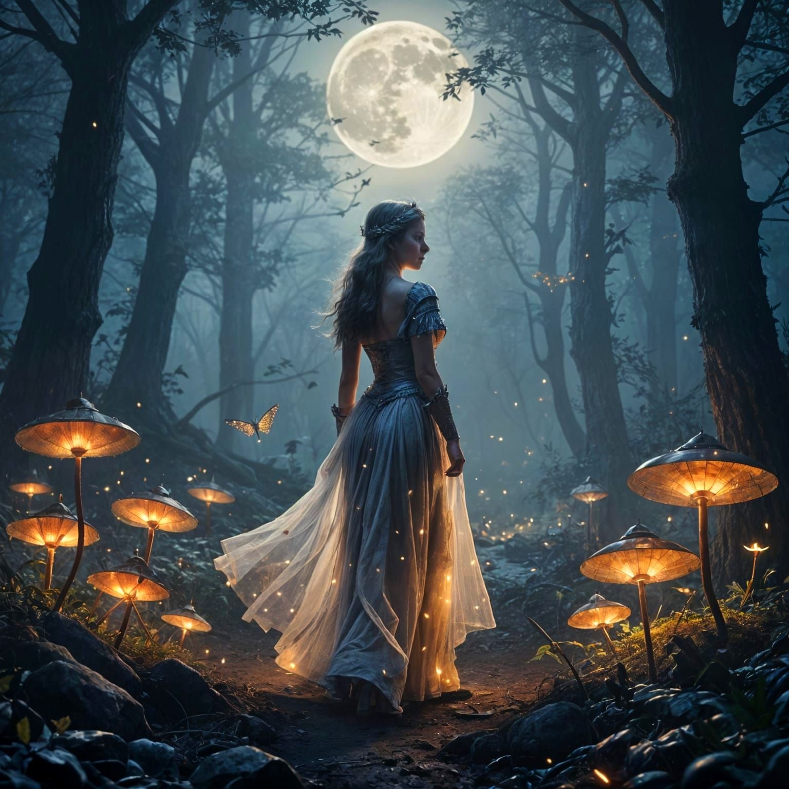 Enchanted Forest Princess Under Moonlight: Dark Fantasy Art
