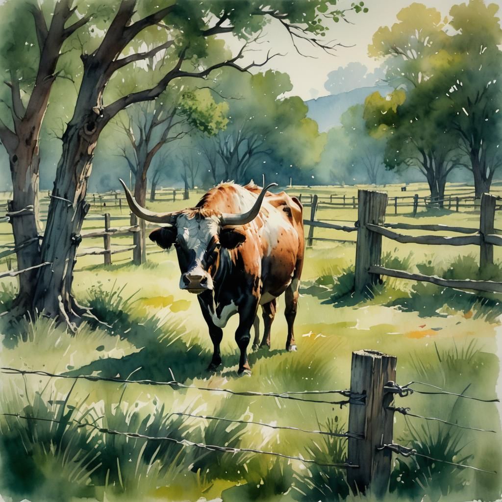 Longhorn Steer in Western Watercolor Landscape