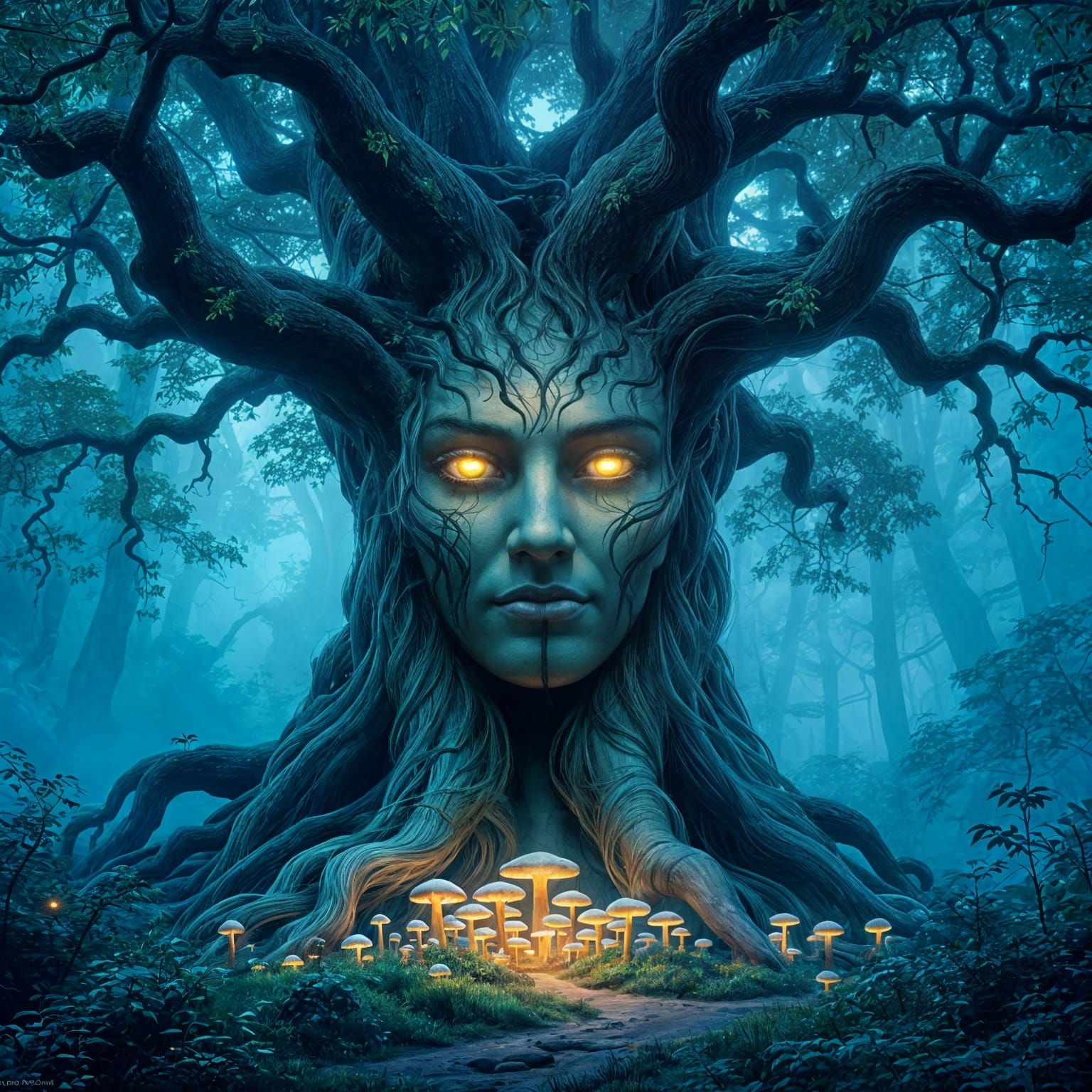 Mystical Forest: Ancient Tree with Bioluminescent Glow