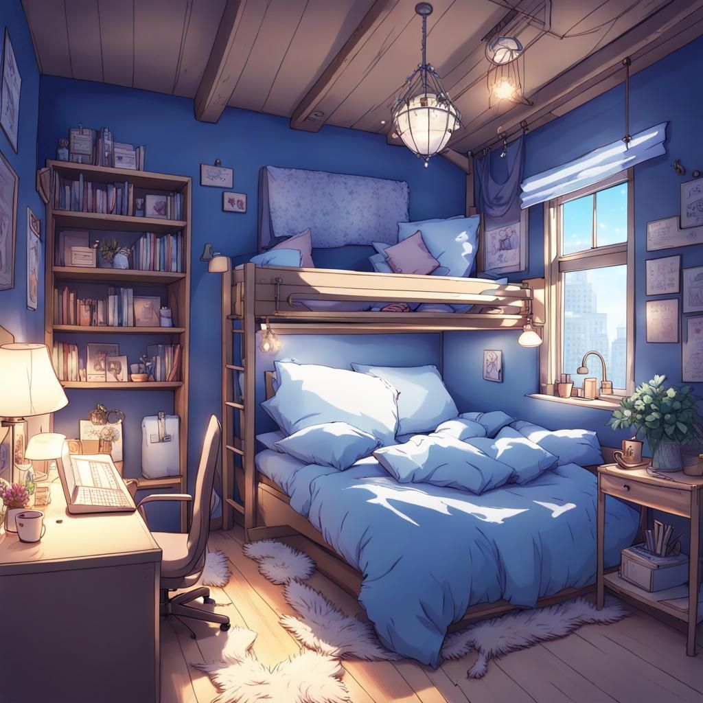 Cozy Blue Bedroom with Loft Bed in Anime Style