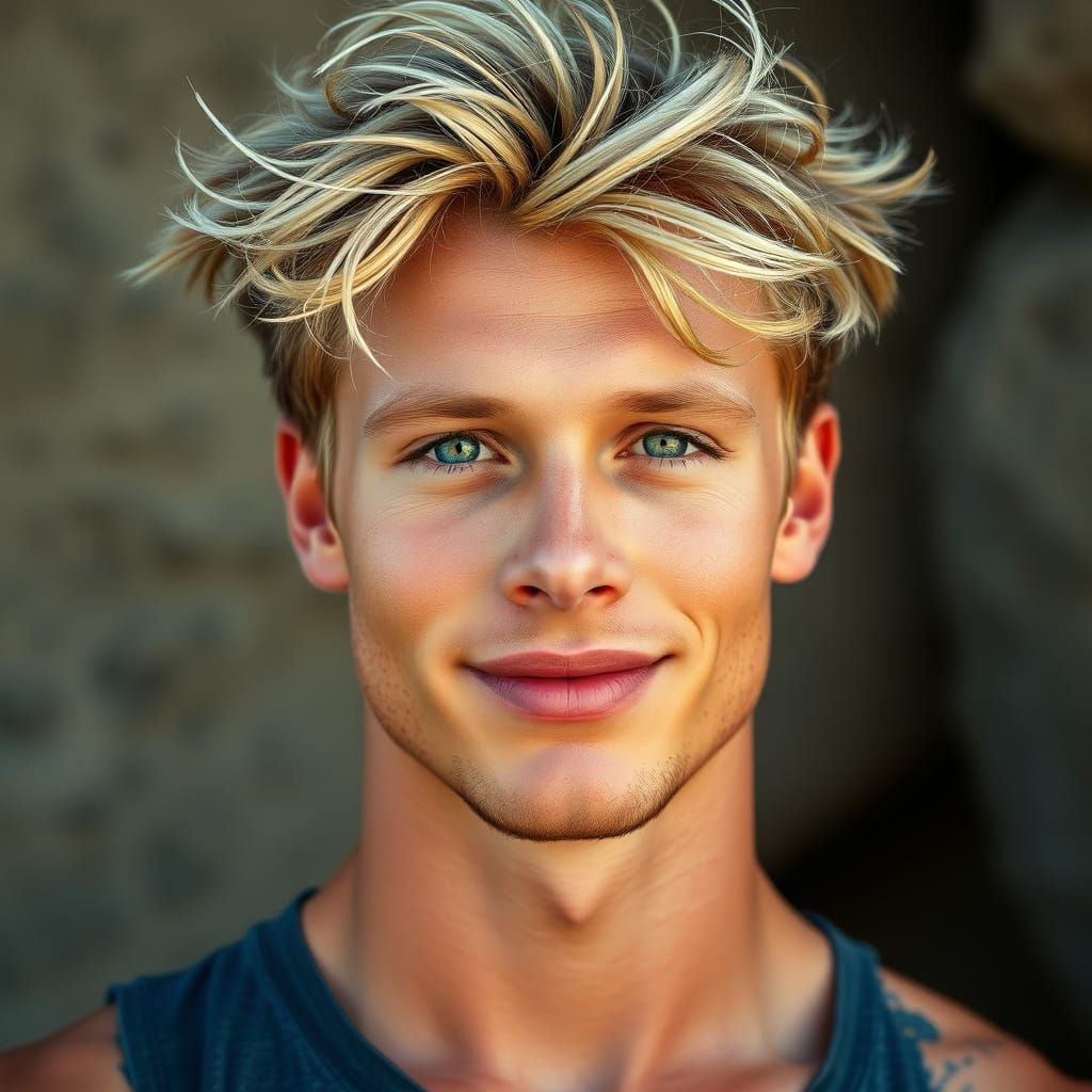 Chiseled Adonis with Tousled Hair and Sparkling Sea Green Ey...