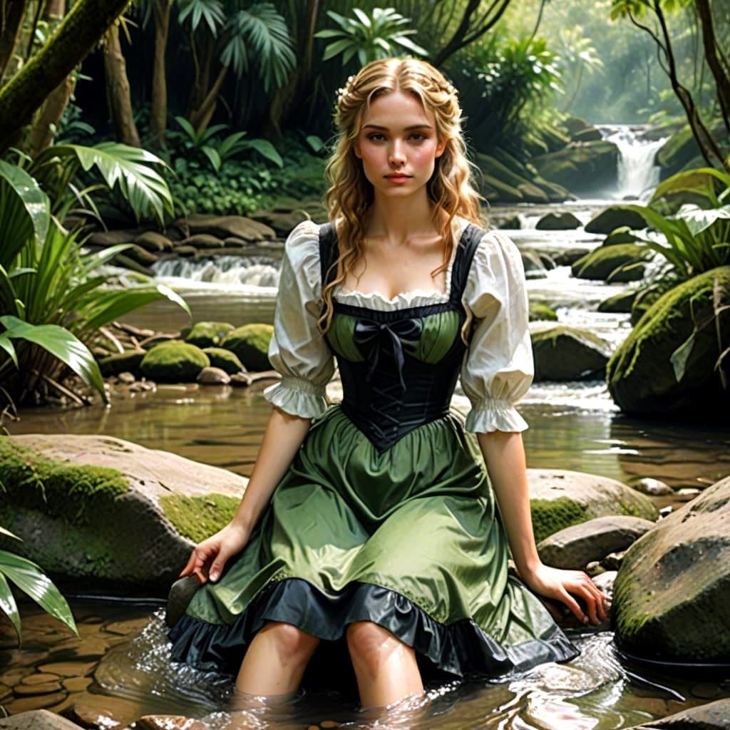 Jungle Stream Scene: Viscountess and Maid in Playful Danger