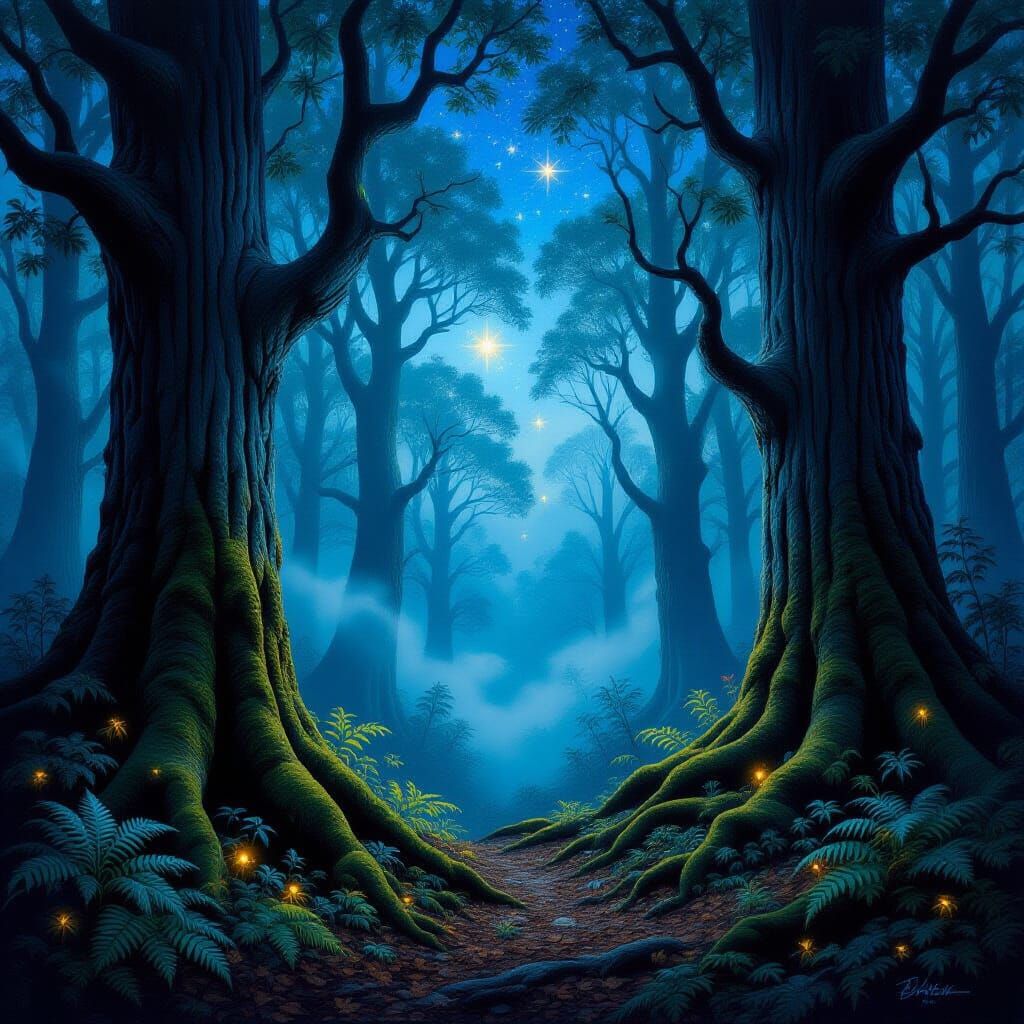 Enchanted Night Forest: An Impasto Oil Painting