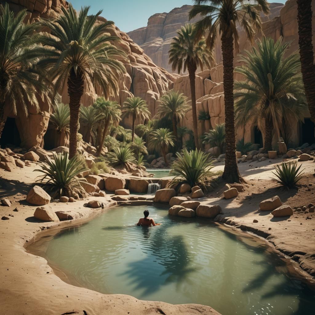 Cinematic Oasis Bathing Location in Film Style