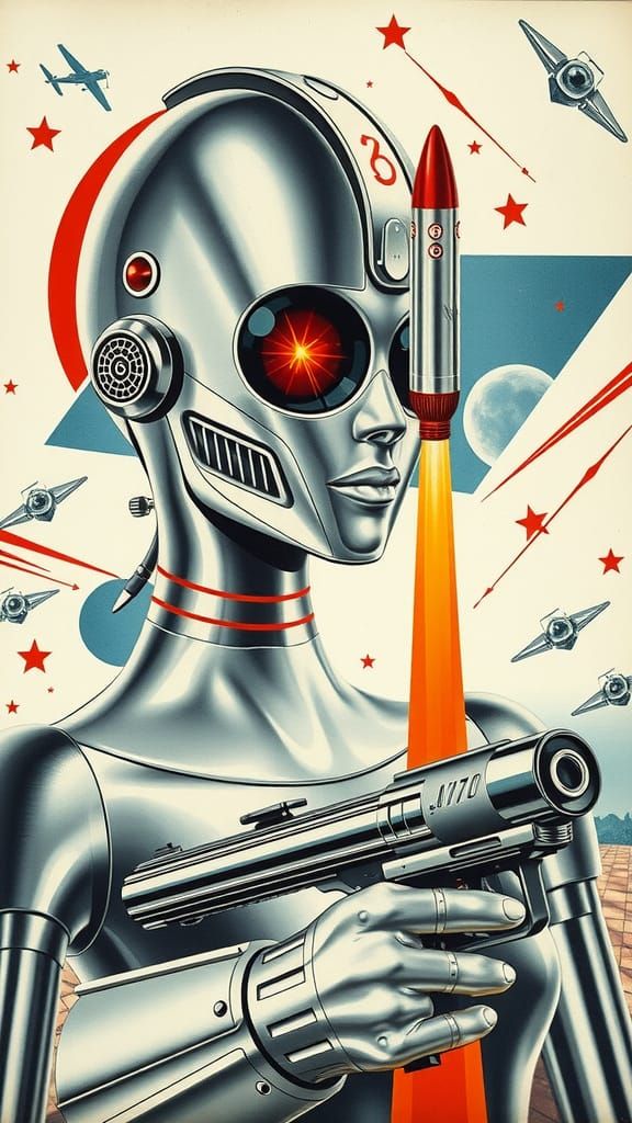 Futuristic 1950s Collage in Retro Sci-Fi Style