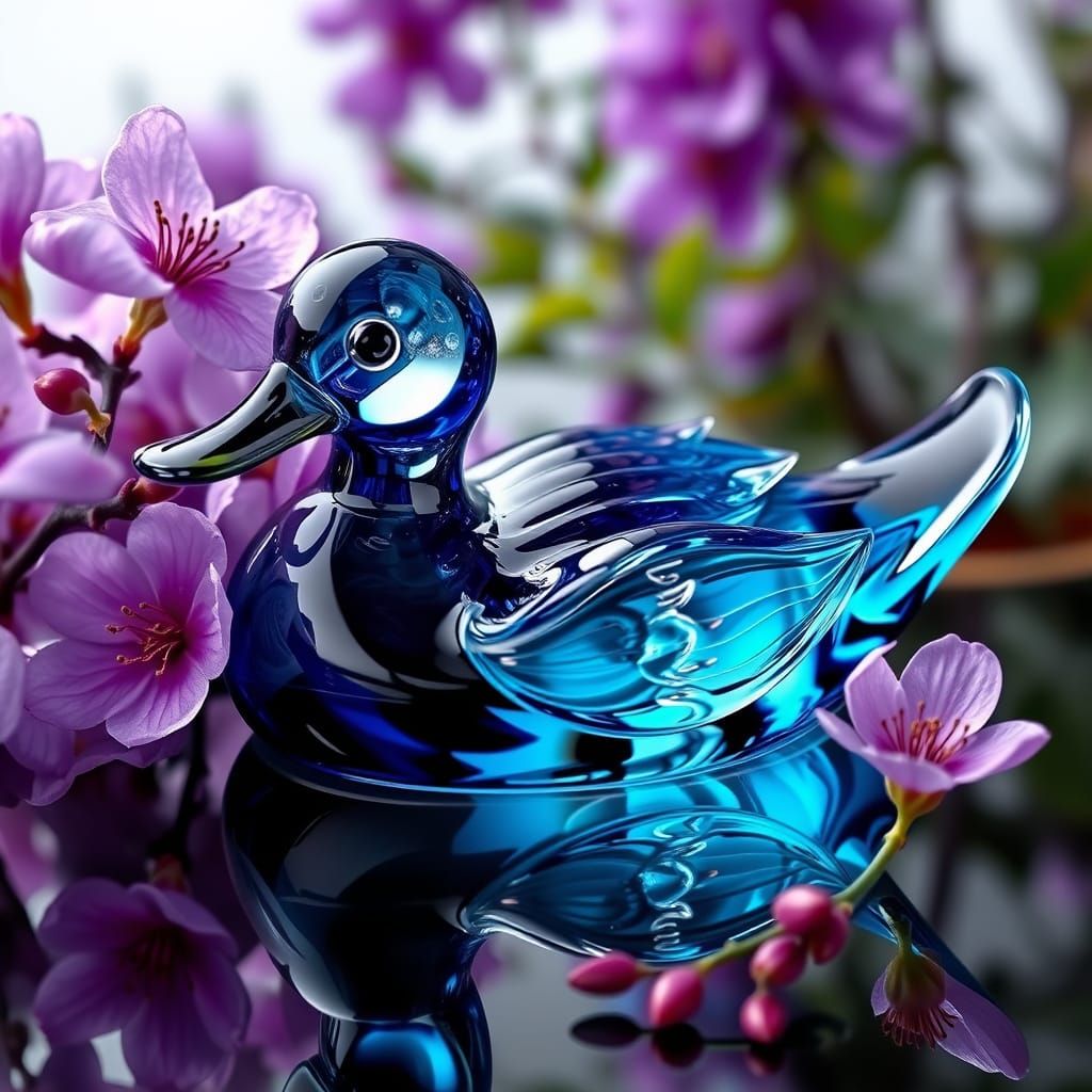 Glass Duck Amidst Blossoms and Flowers