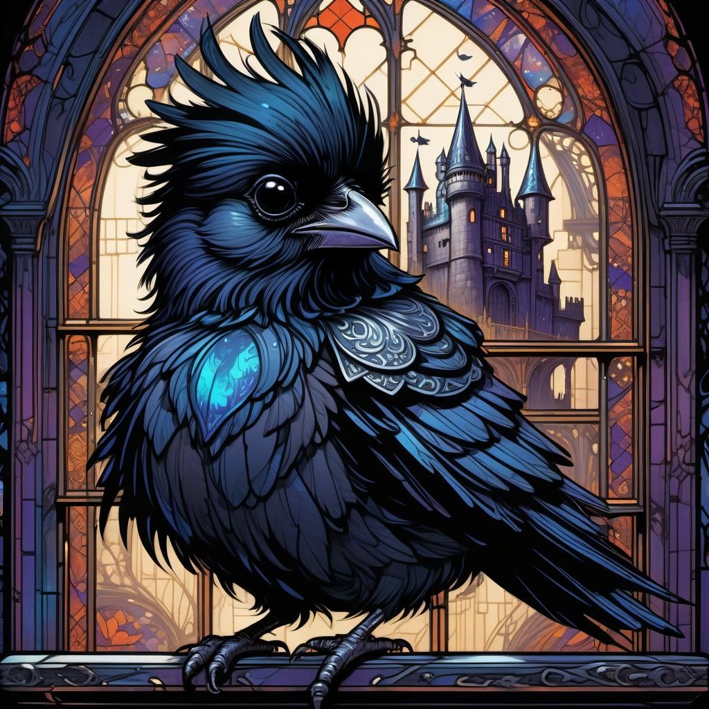 Cute Cartoon Raven in Castle Window