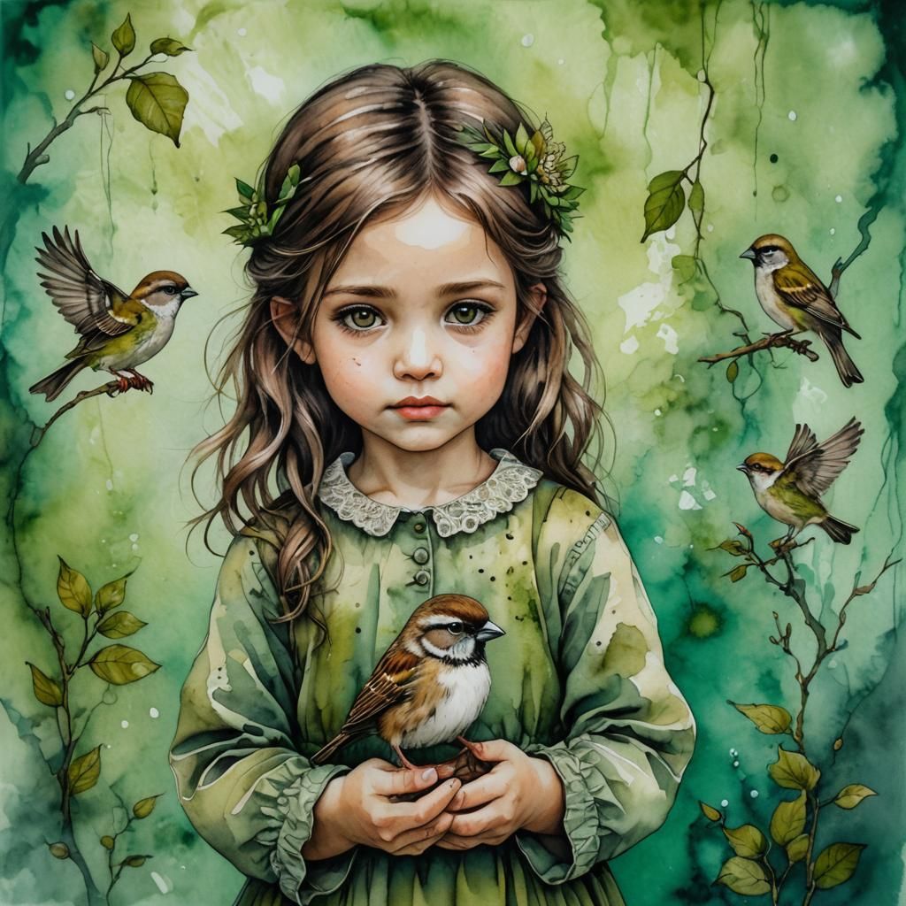 Girl with Sparrow in Alcohol Ink Style