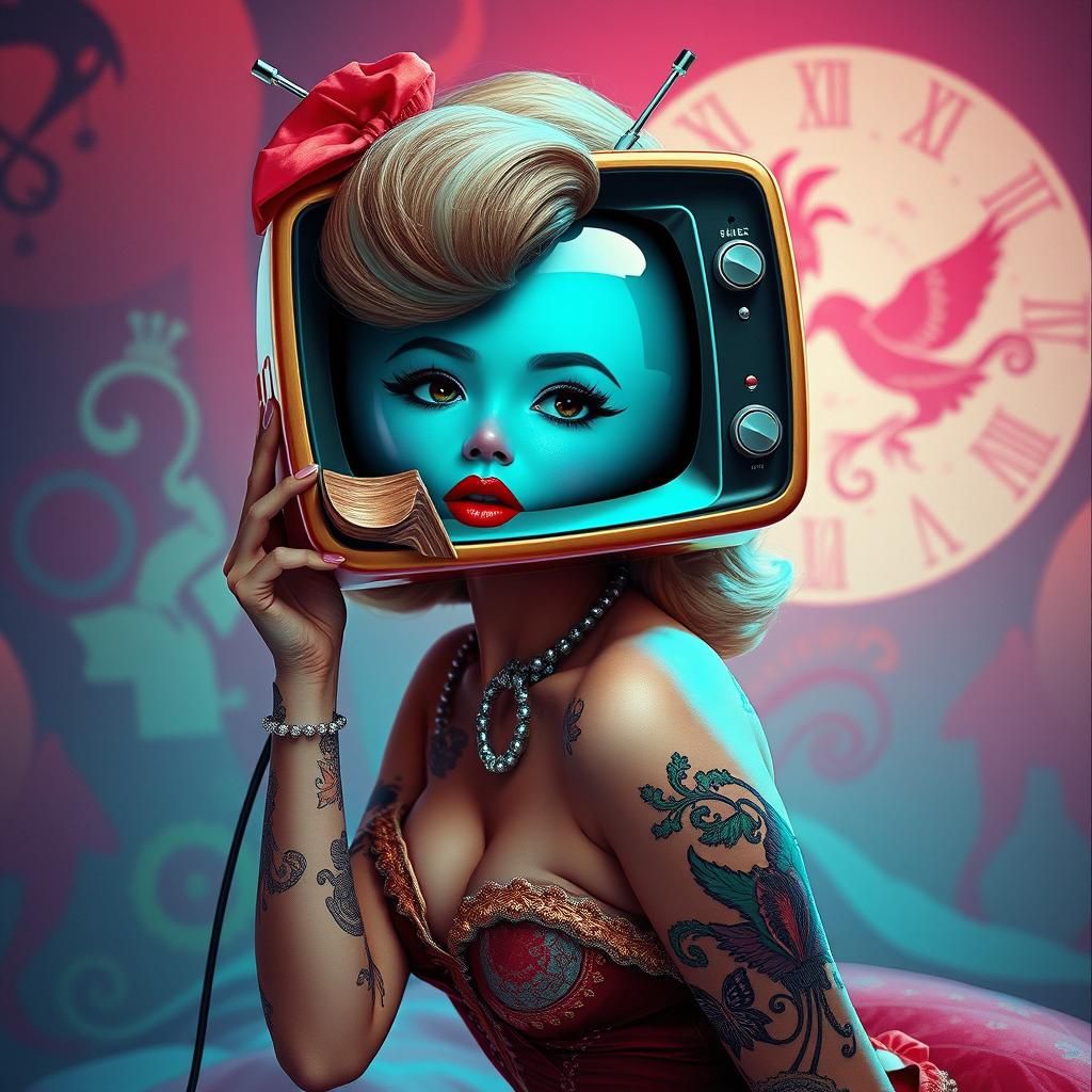 Pop Surrealist Pinup with Retro-Futuristic TV Head