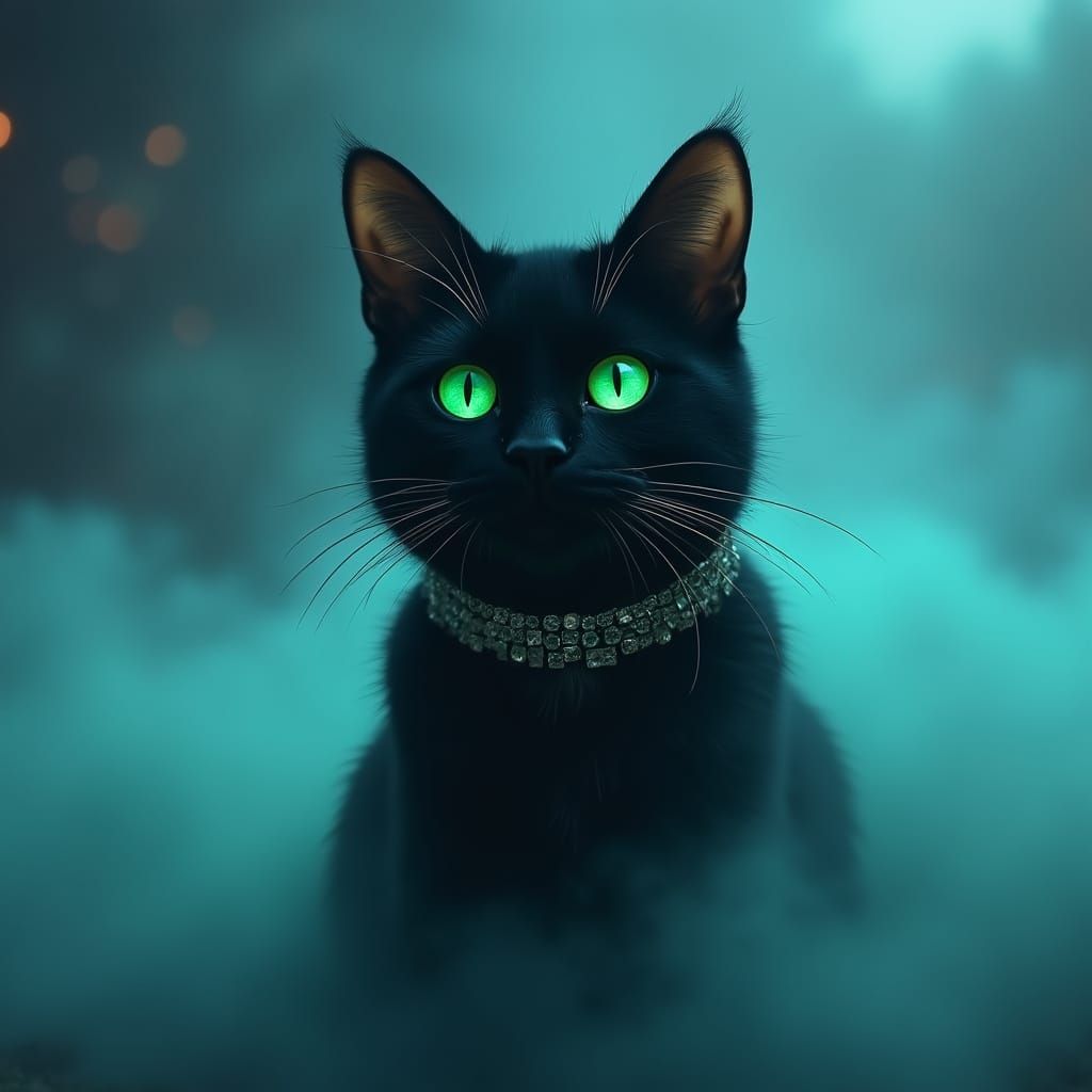 Mystical Black Cat with Green Eyes