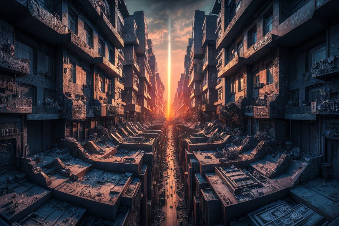 Hyperrealistic Inner-City Block at Sunset with Cartograffiti