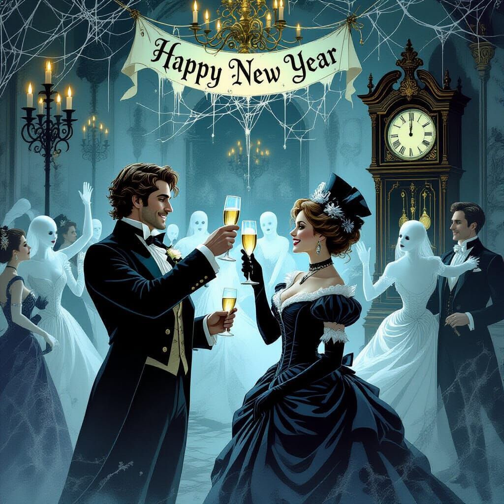 Victorian Couple Toasting at Haunted New Year's Ball
