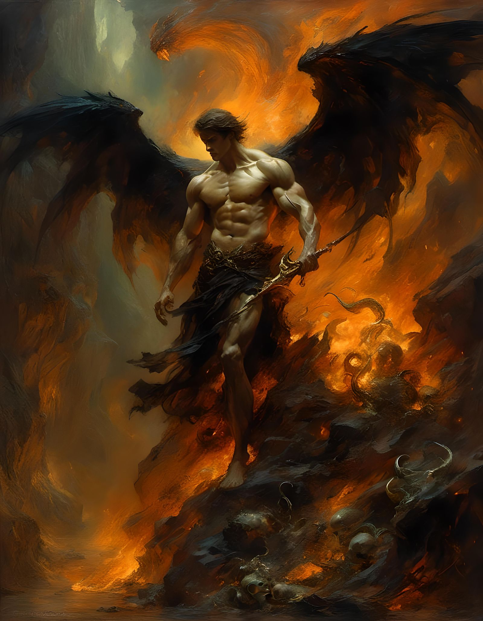Hellish Grotto: Dark Oil Painting of Winged Man