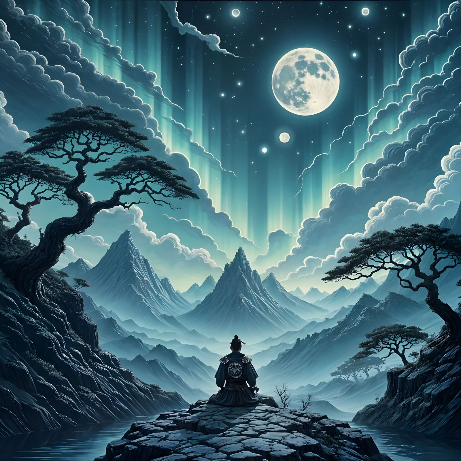 Samurai Contemplation Under Aurora Moon