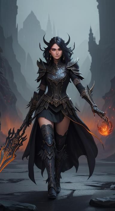 Elegant Woman in Black Dress in Dark Ballroom