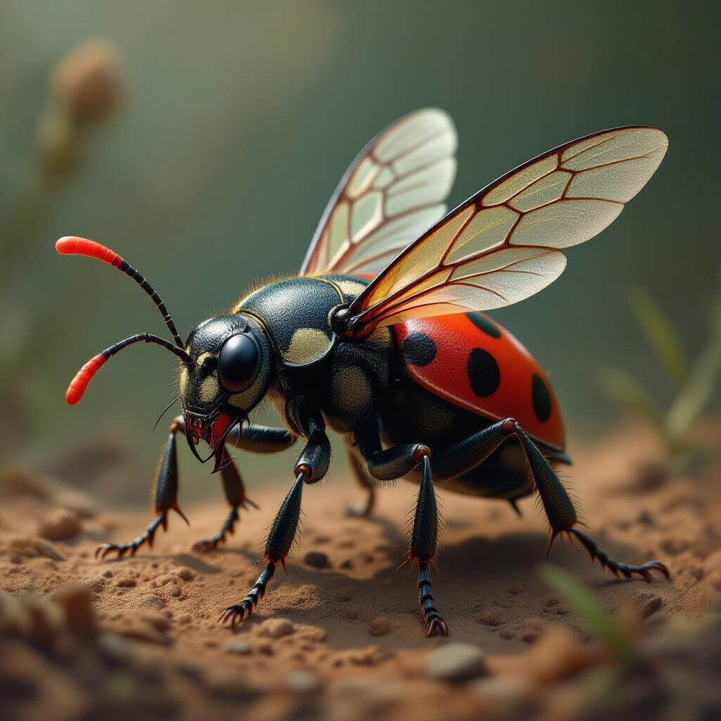 Surreal Insectoid Creature with Ladybug, Bee, Cricket, and A...
