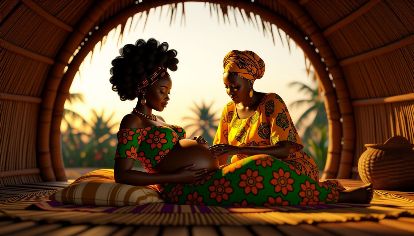 Pregnant African Woman Assisted in Delivery by Elder