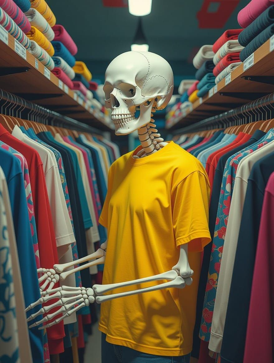 Skeleton Shop Assistant in Hyperrealistic Style