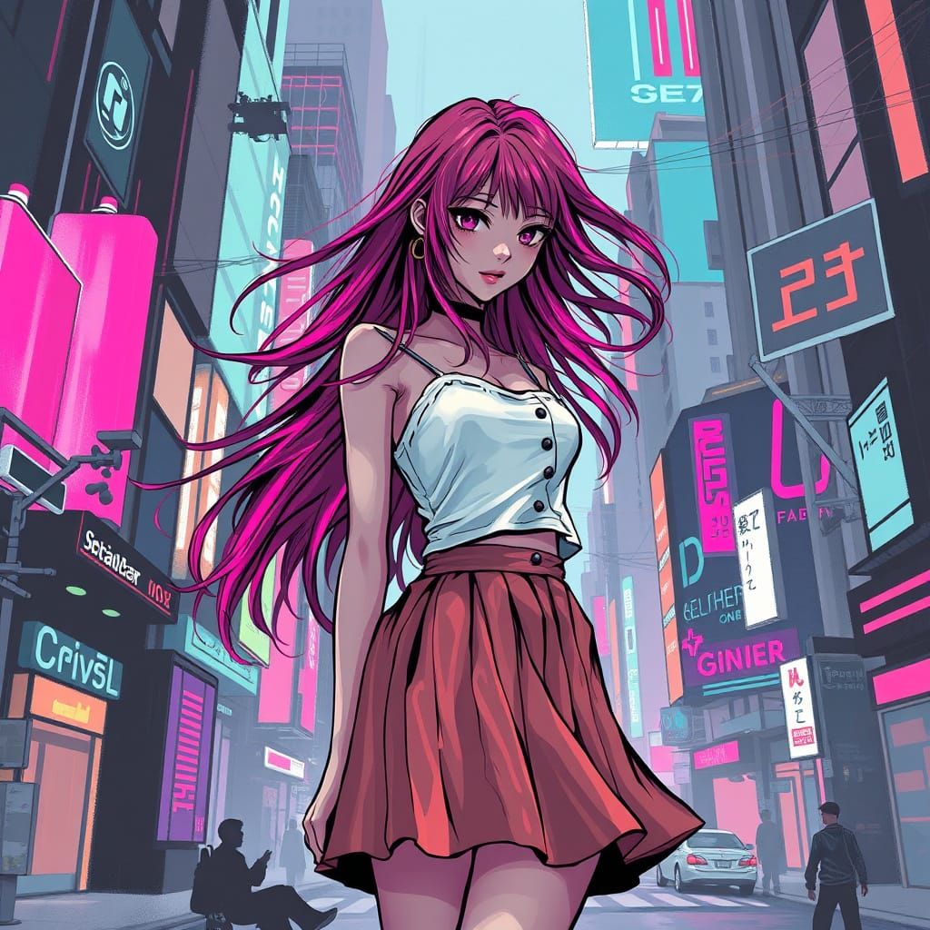 Cyberpunk Girl in Dystopian Cityscape: Manga Style