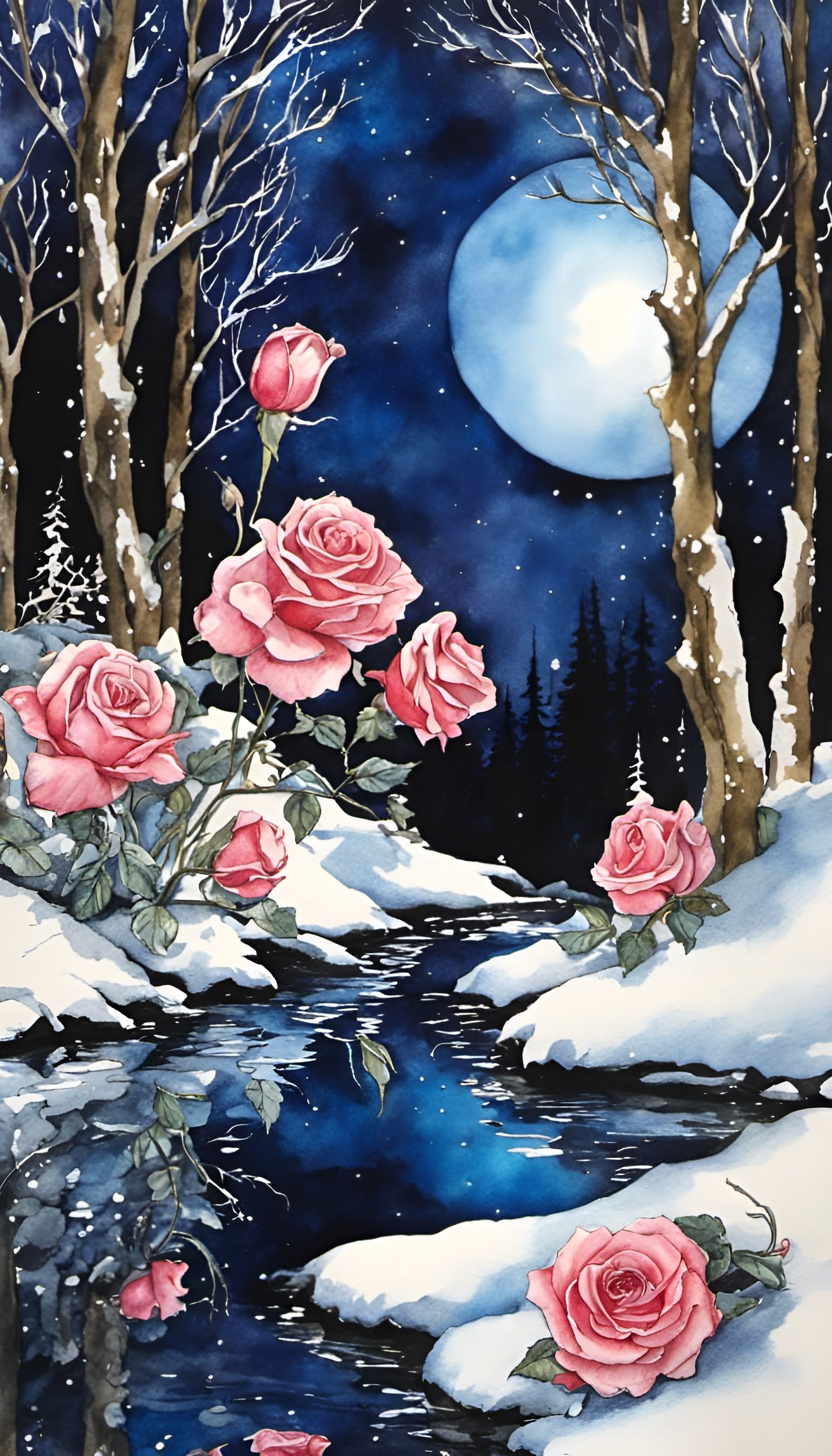 Moonlight reflected on bright shimmering snow in a dark faer...