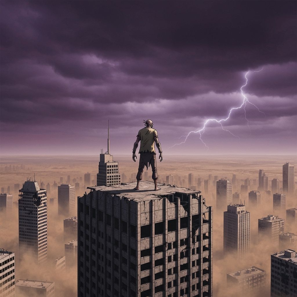 Gonzo Post-Apocalyptic Survivor on Ruined Skyscraper