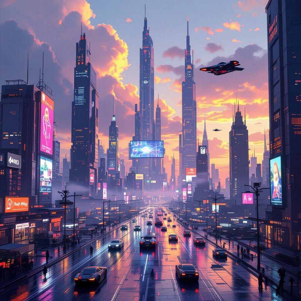 Futuristic African Metropolis at Dawn in Cyberpunk Style
