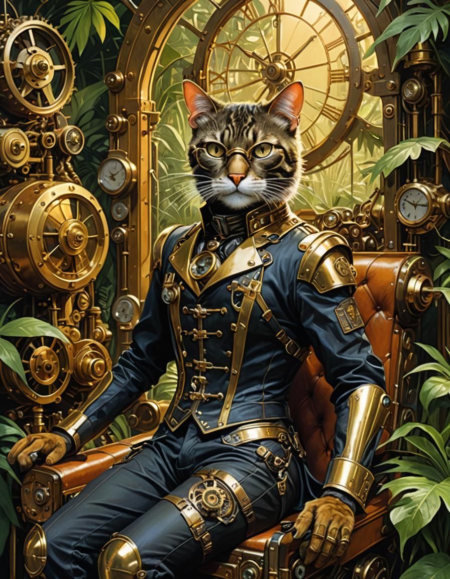 Steampunk Cat in a Clockwork Jungle
