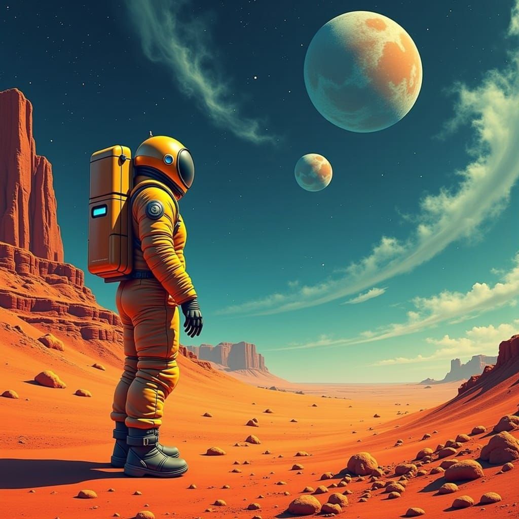 Astronaut Explores Alien World in Retro Sci-Fi Style