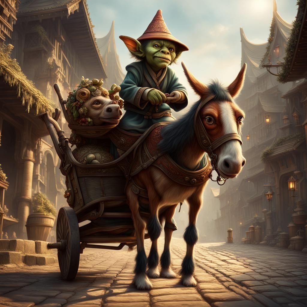 Goblin Merchant Rides Bird-Donkey in High Fantasy Style