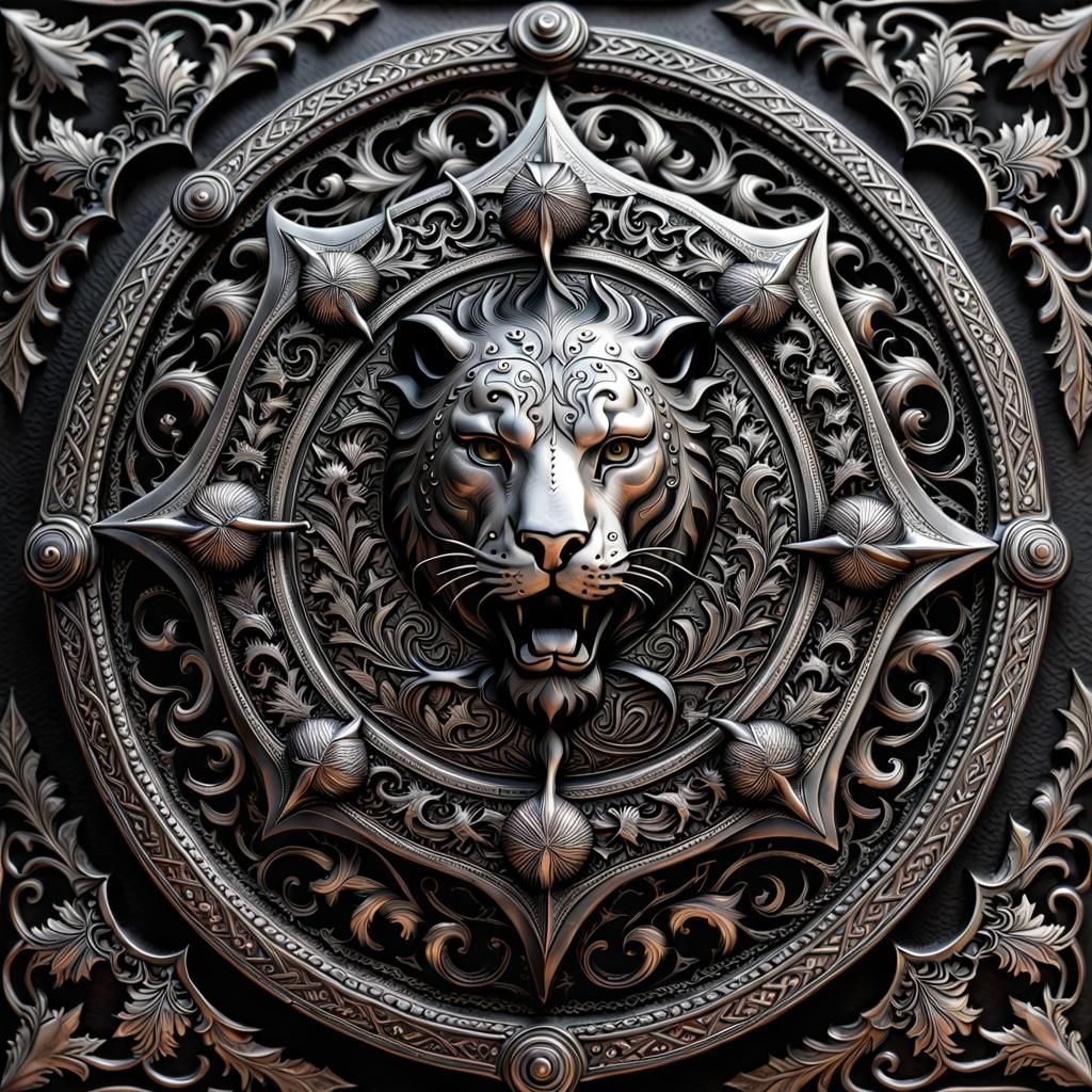Ornate Silver Shield with Panther and Thistle