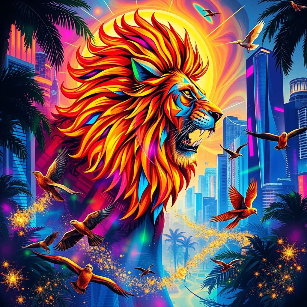 Majestic Lion in Neon Jungle Cityscape