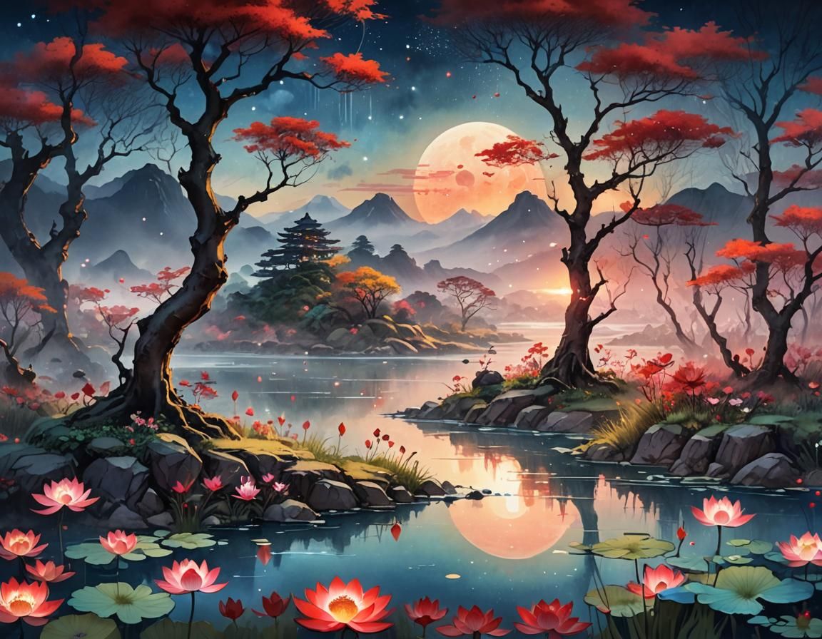 Cinematic Ruby Sunset with Blood Moon