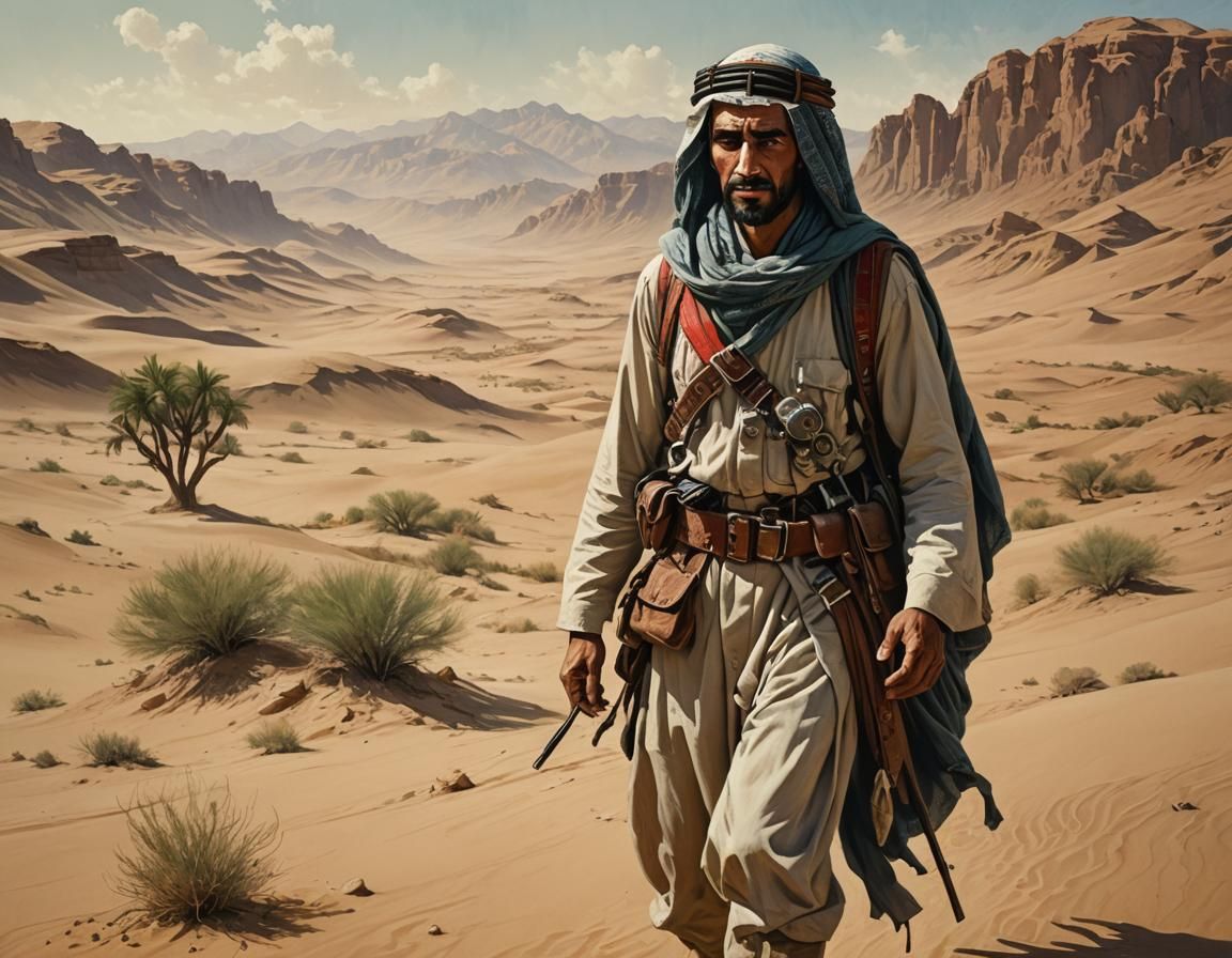 Arab Man in Desert, Vintage Pin-Up Illustration