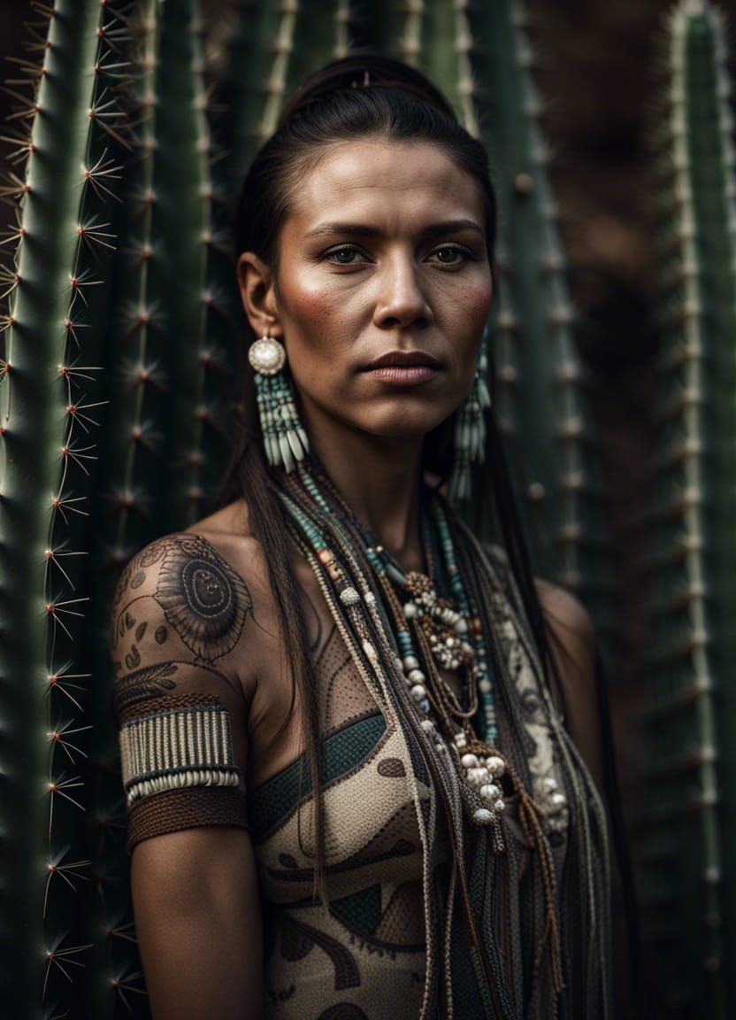 Comanche Woman Portrait with Cactus, Detailed Image