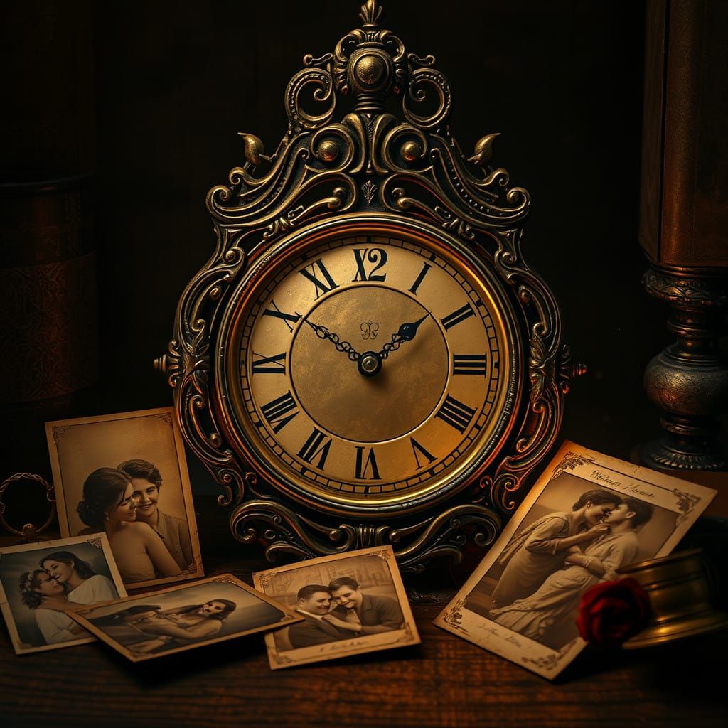 Intricately Carved Antique Clock Amidst Sepia-Toned Photogra...
