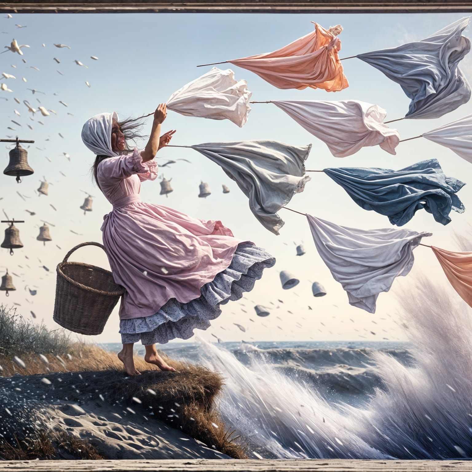 Hispanic Laundress Battles Windswept Linens in Vibrant Paint...