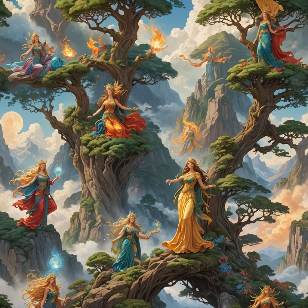 Elemental Goddesses Commanding Realms in Ethereal Landscape