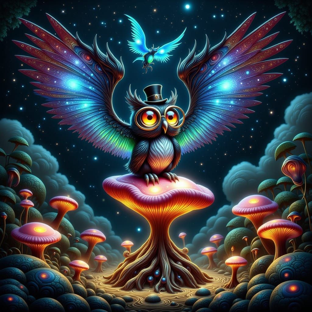 Celestial Clockwork Owl on Bioluminescent Mushroom