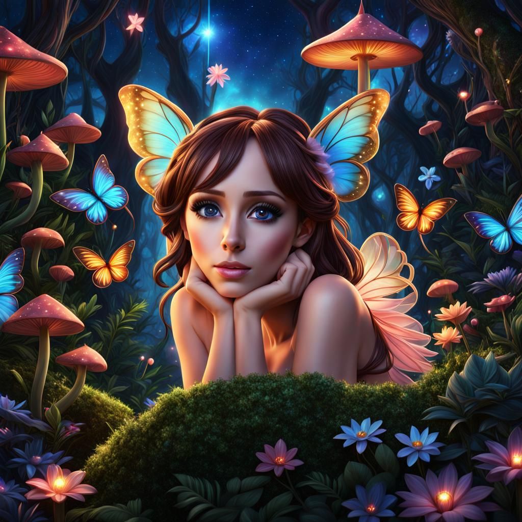 Enchanted Forest Fairy Under Galaxy Sky