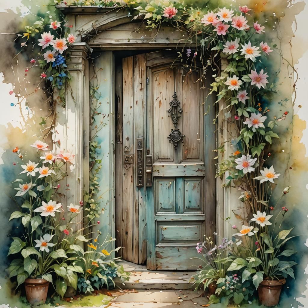 Secret Garden Door: Antique Watercolor Painting