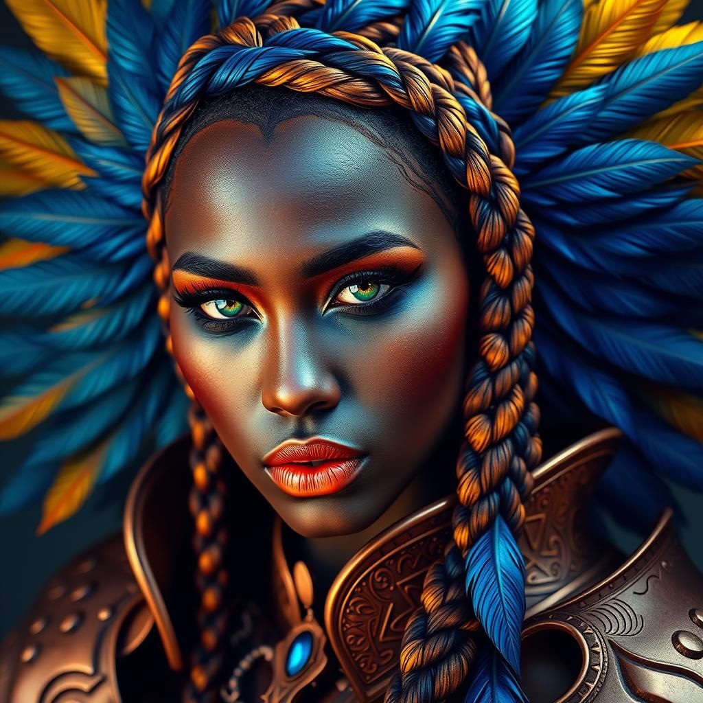 Rose-Gold Woman with Feathers in Fantasy Style