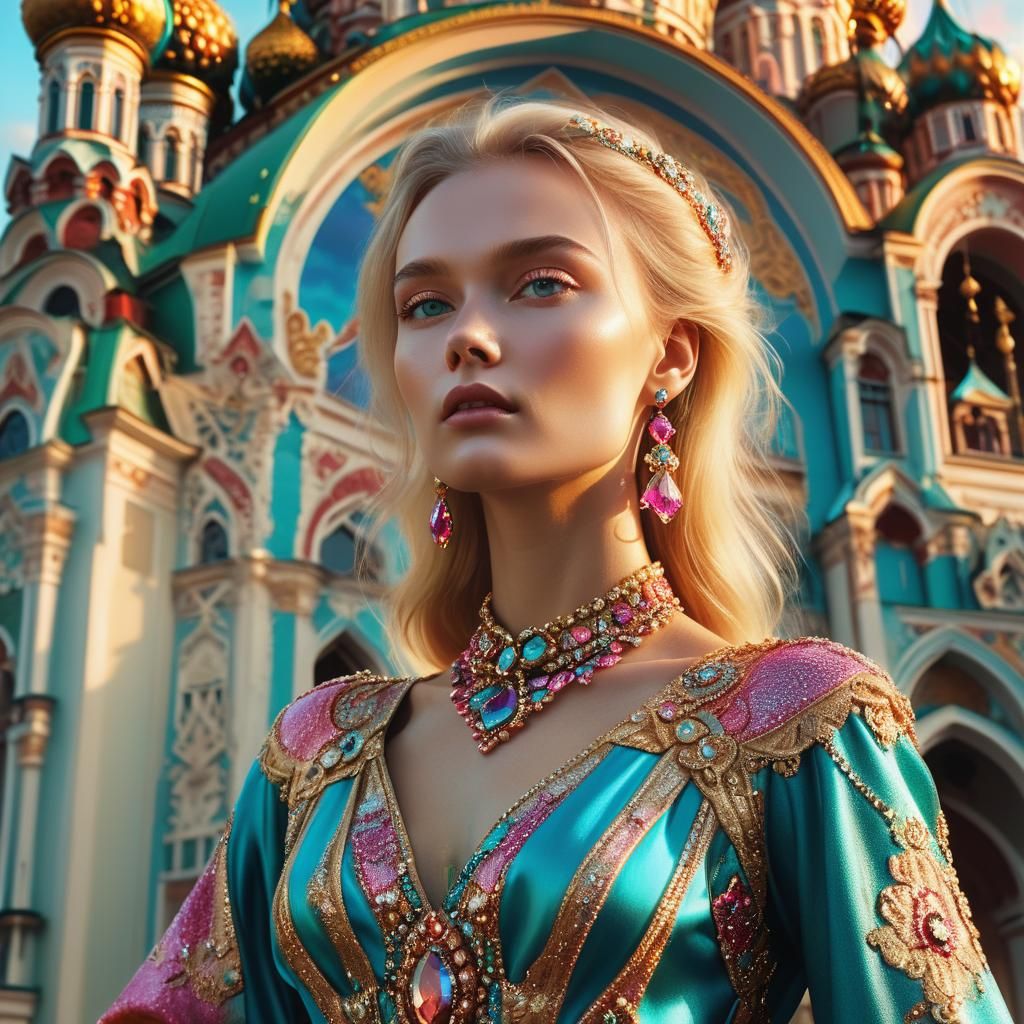 Elegant Model Against Moscow Sunset: Digital Matte Painting