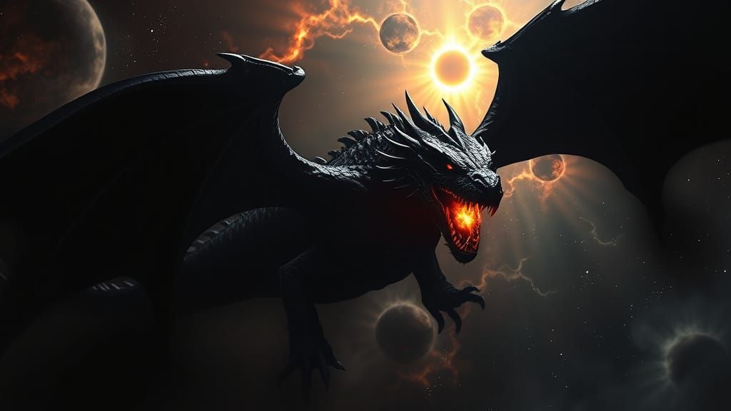 Cosmic Black Dragon Devours a Tiny Sun in Space