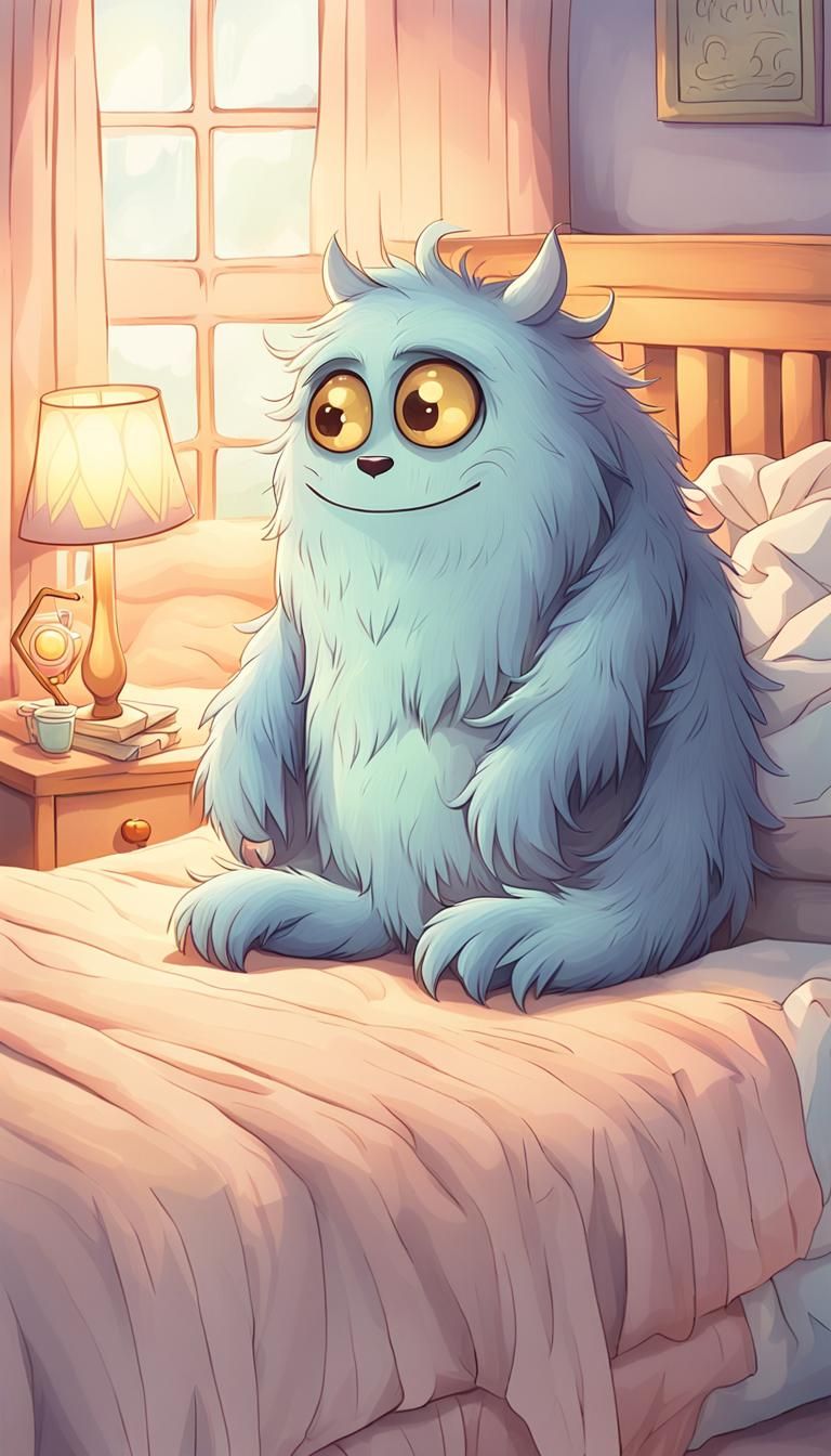 Shy Monster Under Bed in Children's Book Style