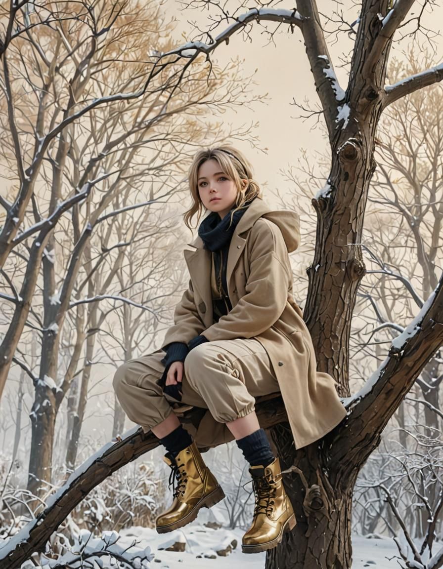 Anime Girl in Winter Outfit on Tree Branch