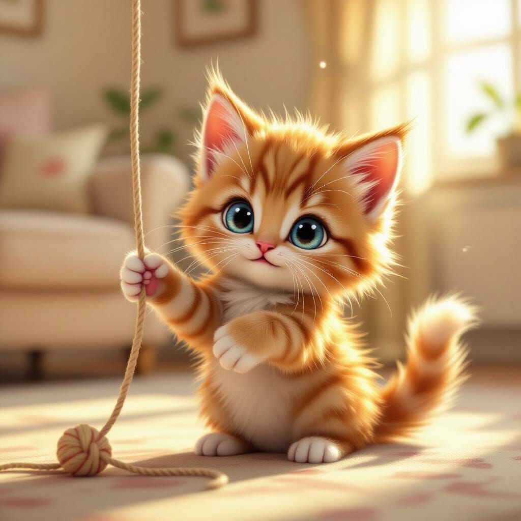 Cute Fluffy Ginger Kitten Plays with Toy