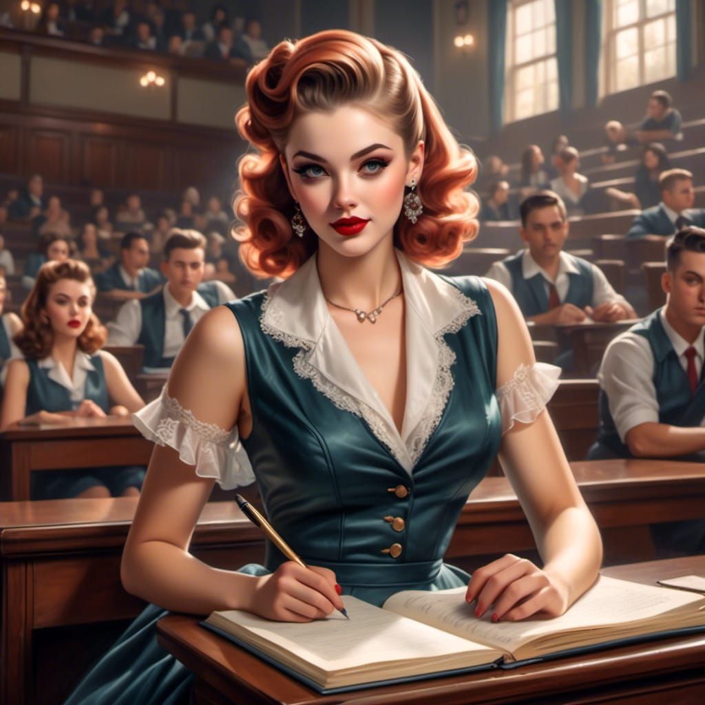 Retro Pinup Poster of College Student in Lecture